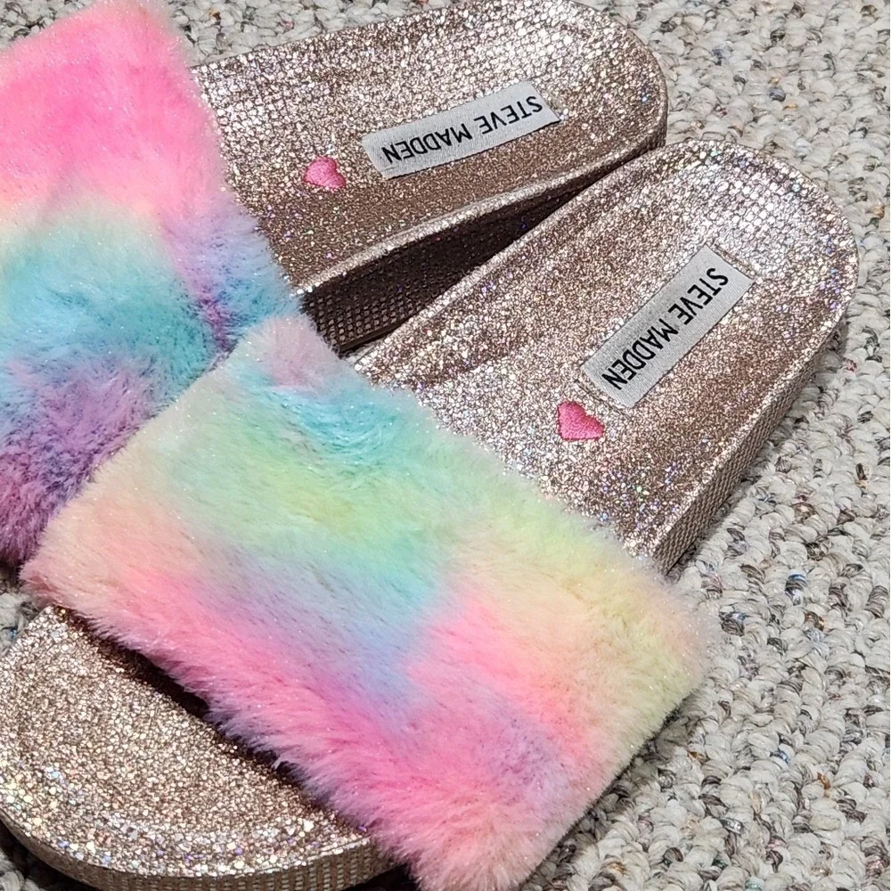 Steve Madden Platform Slide Sandals Faux Fur Rainbow Glitter‎ Y2K Girls